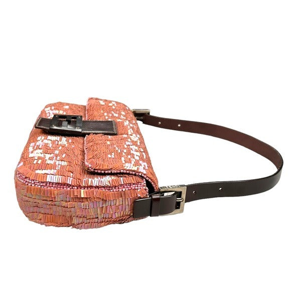 Fendi Pink Coral Iridescent Sequin Baguette Flap Brown Leather Shoulder Bag