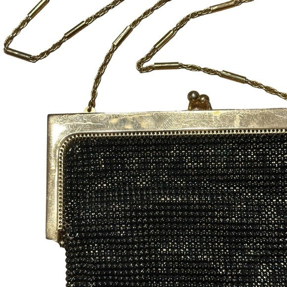 Whiting & Davis Black Gold Shoulder Metal Mesh Kiss-Lock Hollywood Regency Purse