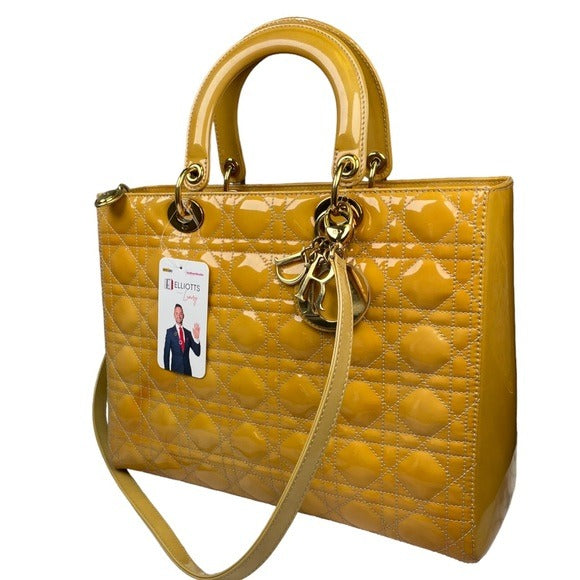 Christian Dior Lady Medium Patent Mustard Cannage Two-Way Top Handle Tote Purse