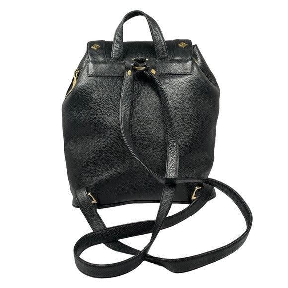 MCM Black Calf Leather Pebbled Gold Plated Multi Stud Flap Drawstring Backpack