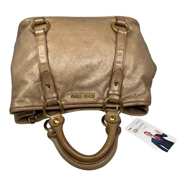 Miu Miu Golden Wheat Leather Crossbody Satchel Purse Snap Zip Blush Satin Bag