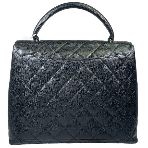 Chanel CC Silver Caviar Black Top-Handle Turn-Lock Kelly Leather Flap Satchel