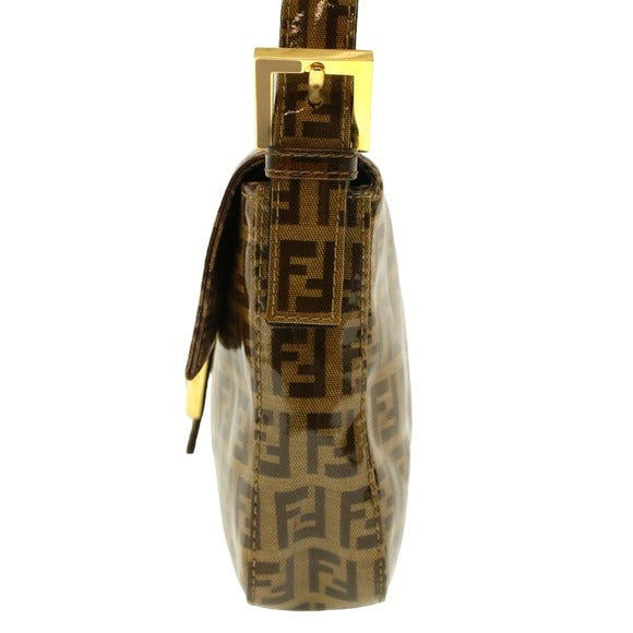 Fendi Zucchino Coated Canvas Baguette Shoulder Leather Strap Bag Beige Purse