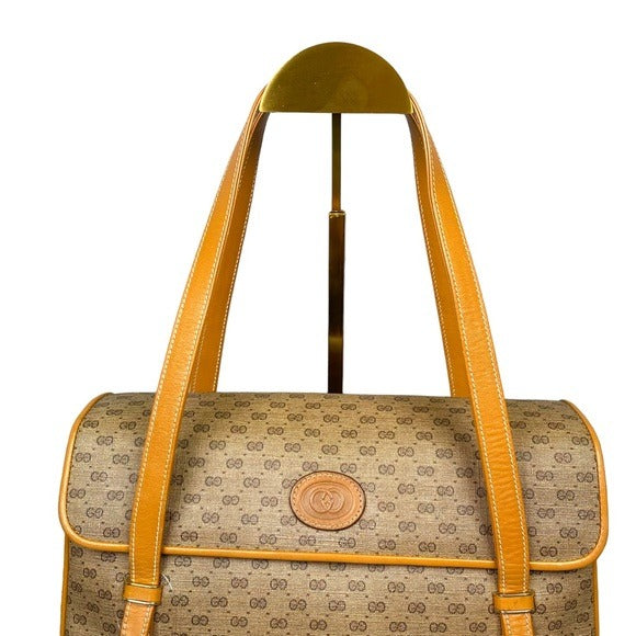 Gucci GG Micro Satchel Canvas Leather Tan Three File Shoulder Tote Purse Bag