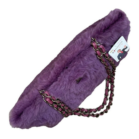 Chanel CC Antique Brushed Hardware Leather Chain Large Rabbit Fur Purple Purse