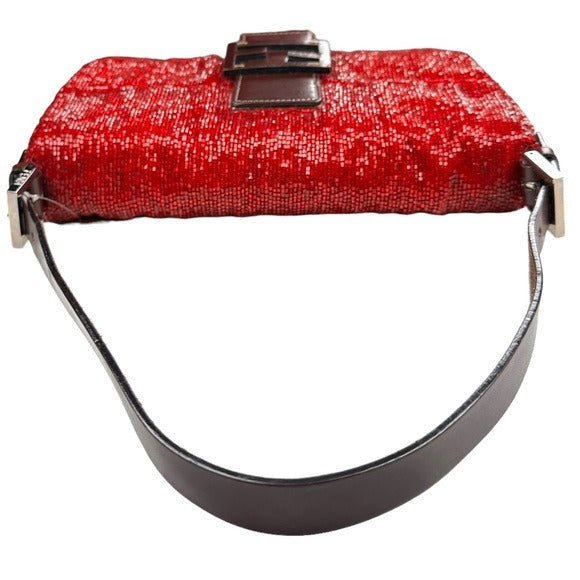 Fendi Red Metallic Baguette Beaded Brown Leather Strap Shoulder Flap Bag