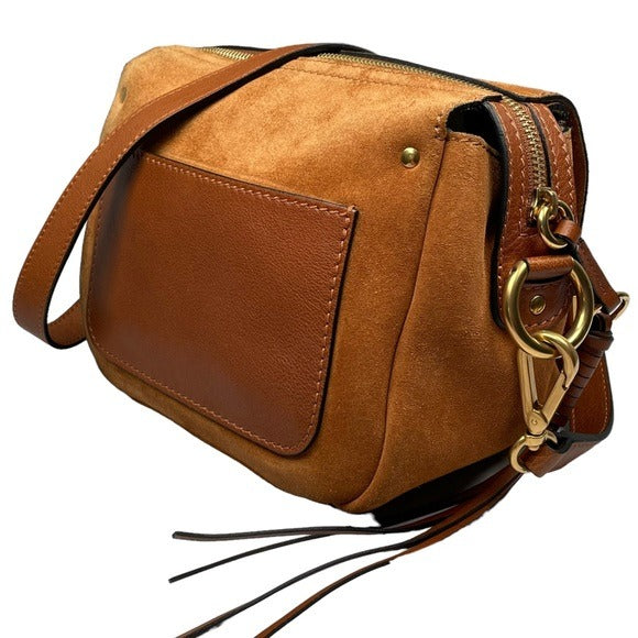 Chloe Classic Nubuck Suede Tan Brown Gold Zippy Shoulder Purse Bag Boxy Flap