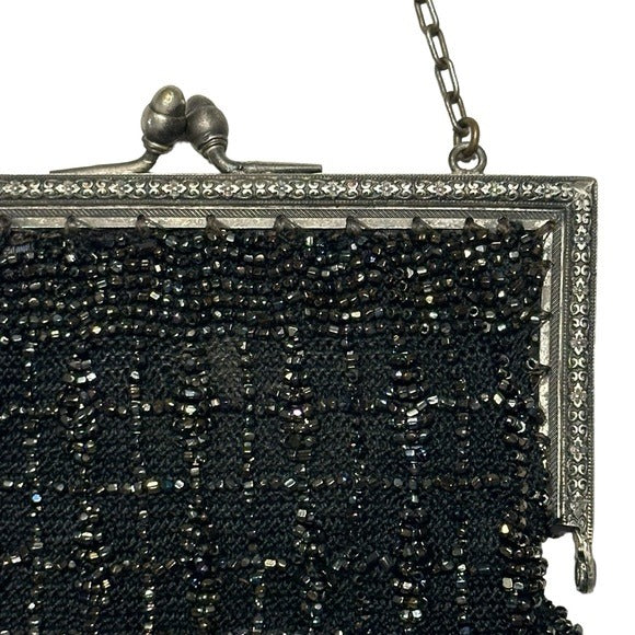 Whiting Davis Sterling Plated Black Kiss-Lock Evening Beaded Wovens Mesh Clutch