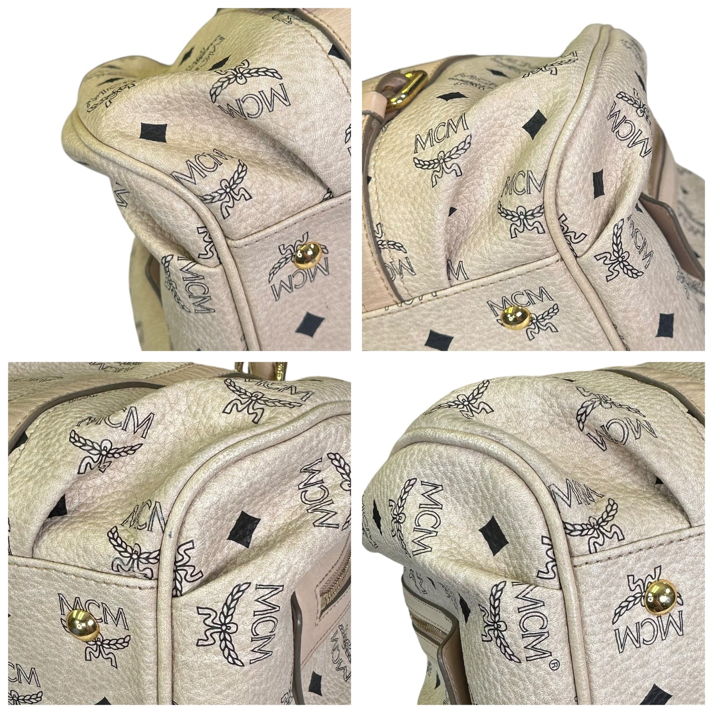 MCM Visetos Coated Canvas Leather Creme Goldtone Leather Satchel Purse