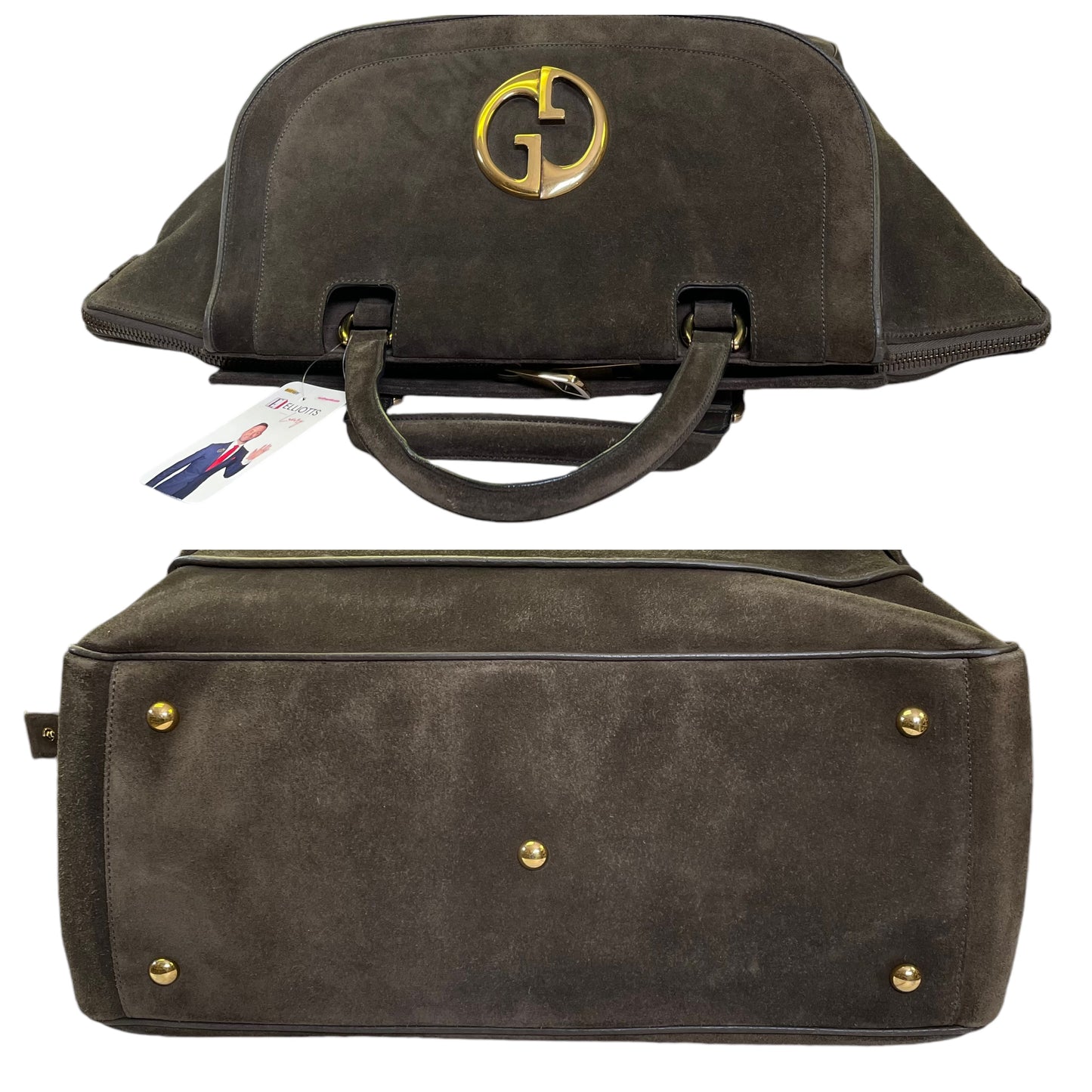 Gucci GG 1973 Top Handle Blondie XL Brown Suede Flap Satchel Travel Boston Bag