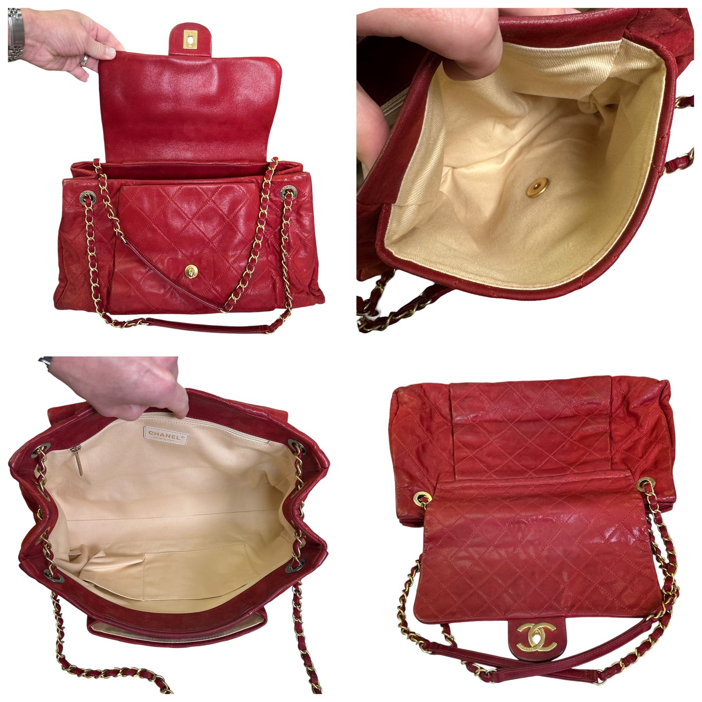 Chanel CC Red Lambskin Coated Irridecent Medium Brushed Gold Flap Turn Lock Two Way Purse