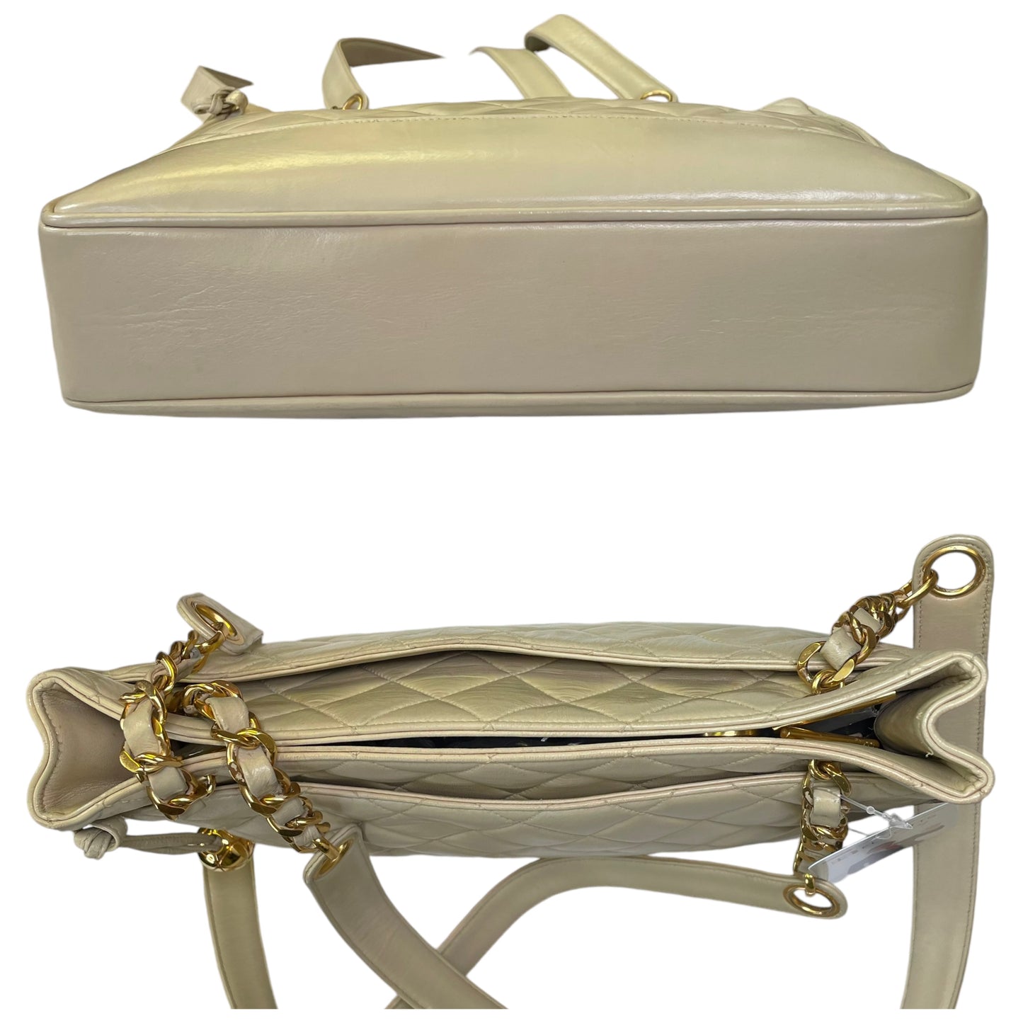Chanel CC Matelasse Ivory Lambskin 24K Plated Chained Shoulder Three File Snap Purse