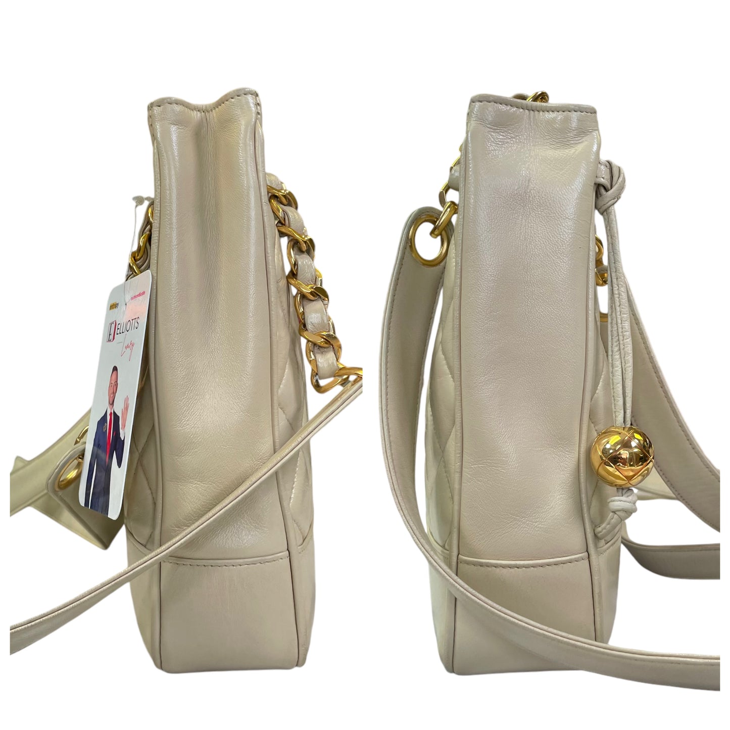 Chanel CC Matelasse Ivory Lambskin 24K Plated Chained Shoulder Three File Snap Purse