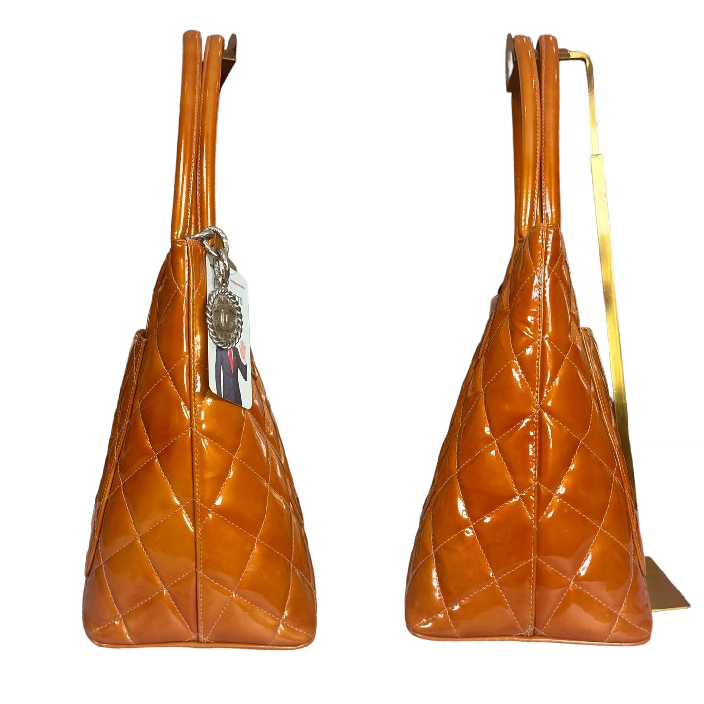 Chanel CC Tangerine Metallic Orange Patent Hombre Medallion Trapezoid Purse