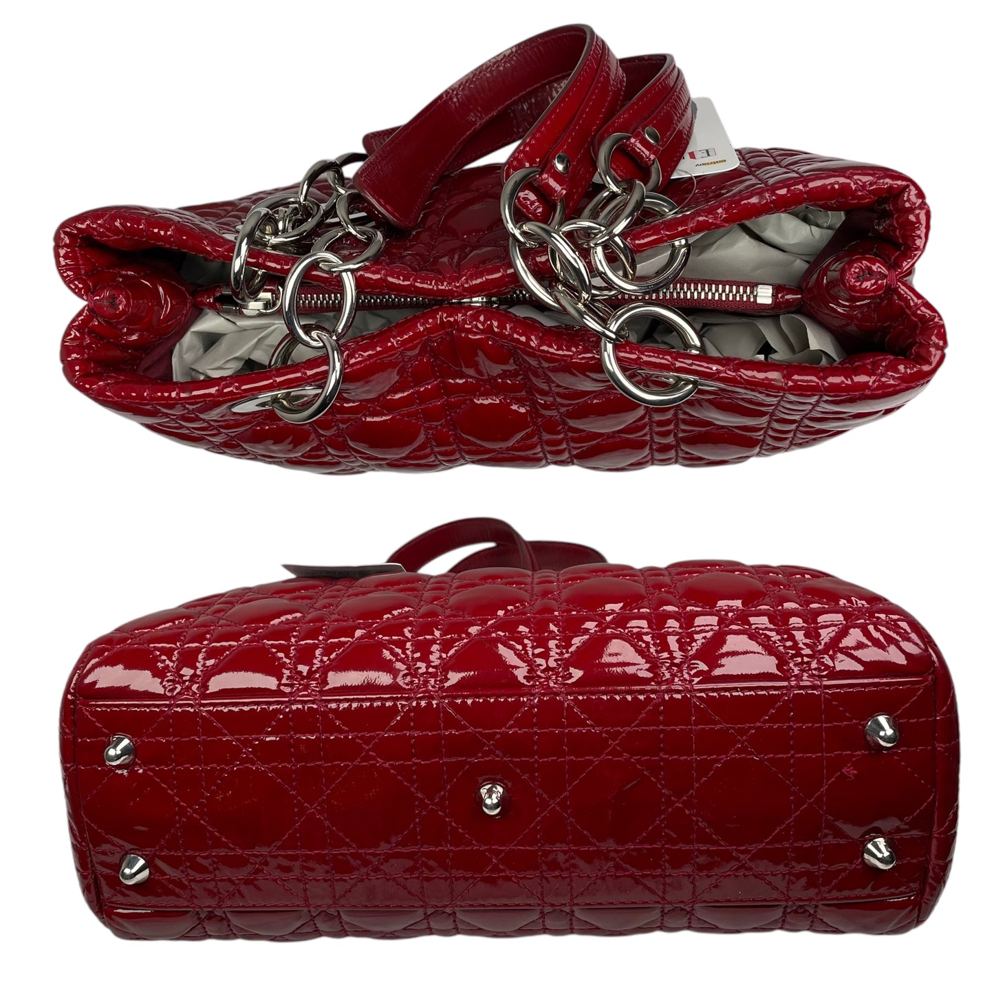 Christian Dior Lady Dior Soft Cannage Patent Quilted Silver Med Shoulder Purse