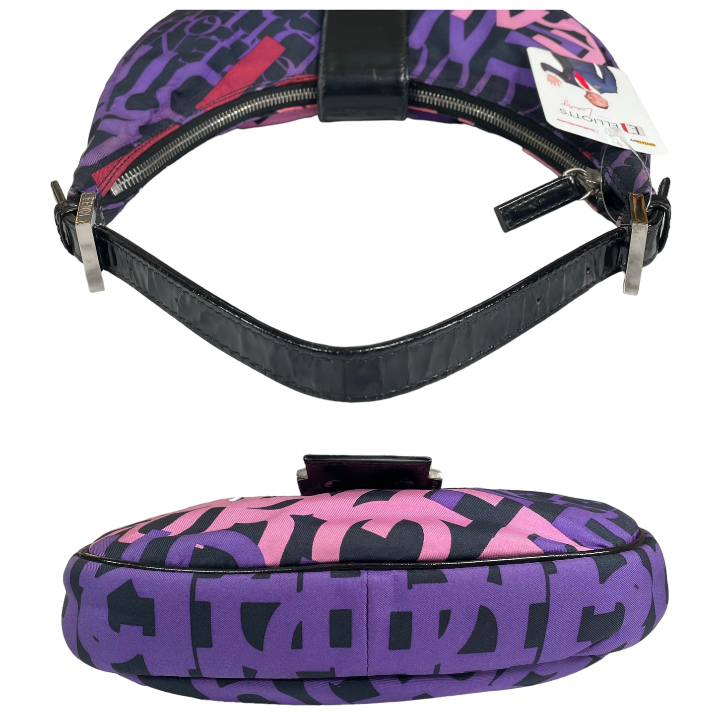 Fendi FF Croissant Graffiti Monogram Purple Black Patent Leather Sterling Shoulder Purse