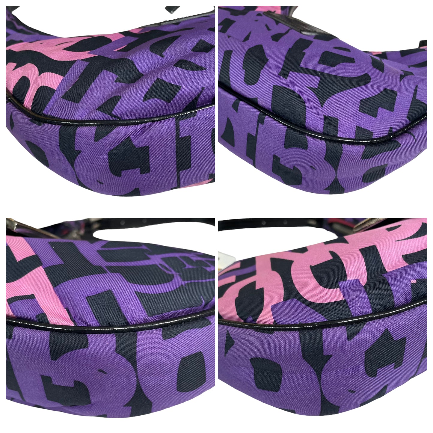 Fendi FF Croissant Graffiti Monogram Purple Black Patent Leather Sterling Shoulder Purse