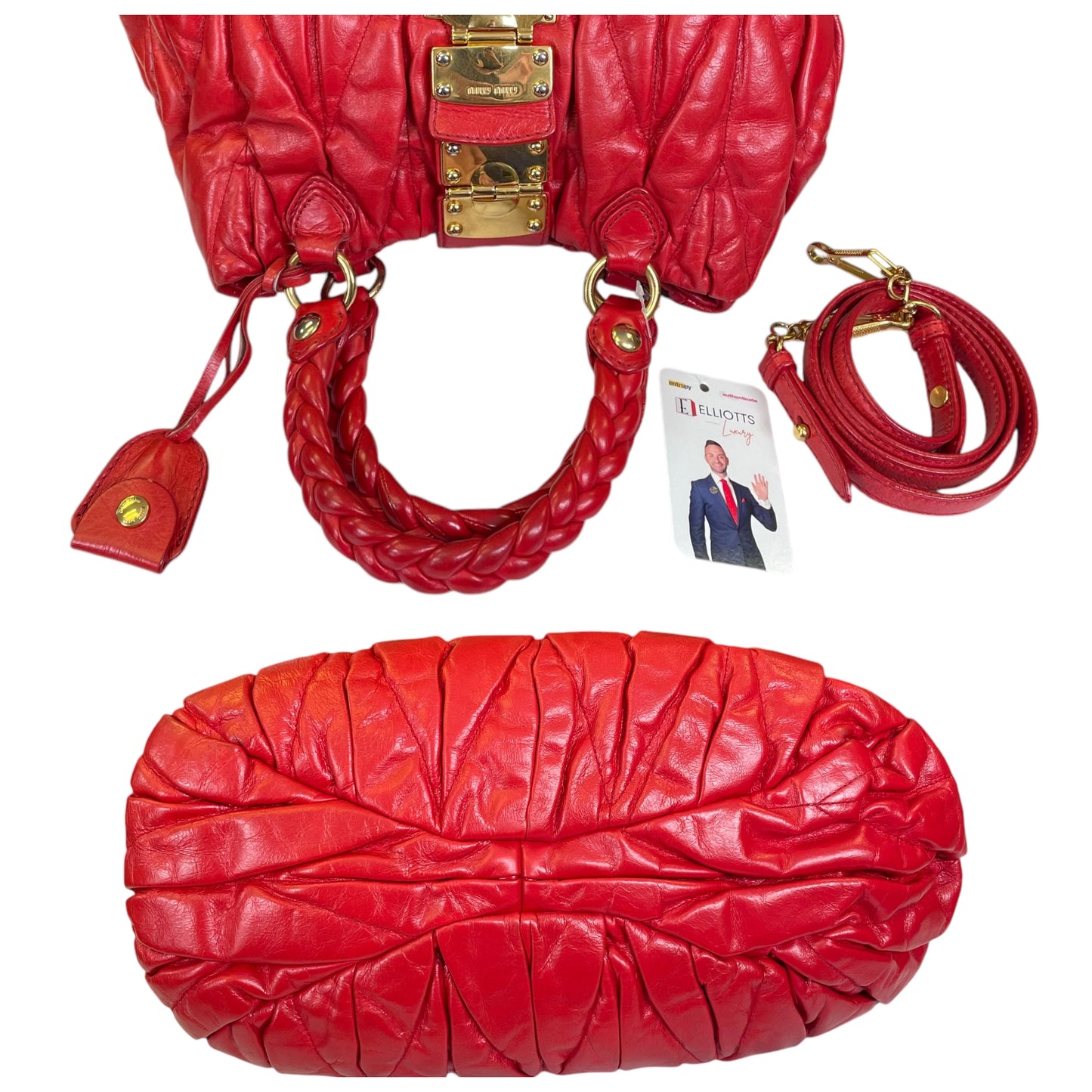 Miu Miu Tomato Red Rosa Matelasse Leather Two Way Gold Pretzel Crossbody Purse