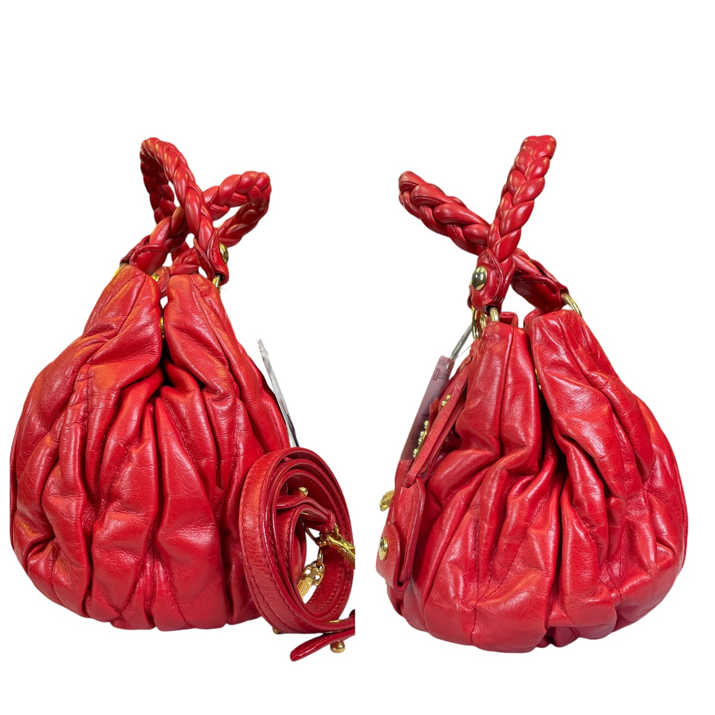 Miu Miu Tomato Red Rosa Matelasse Leather Two Way Gold Pretzel Crossbody Purse