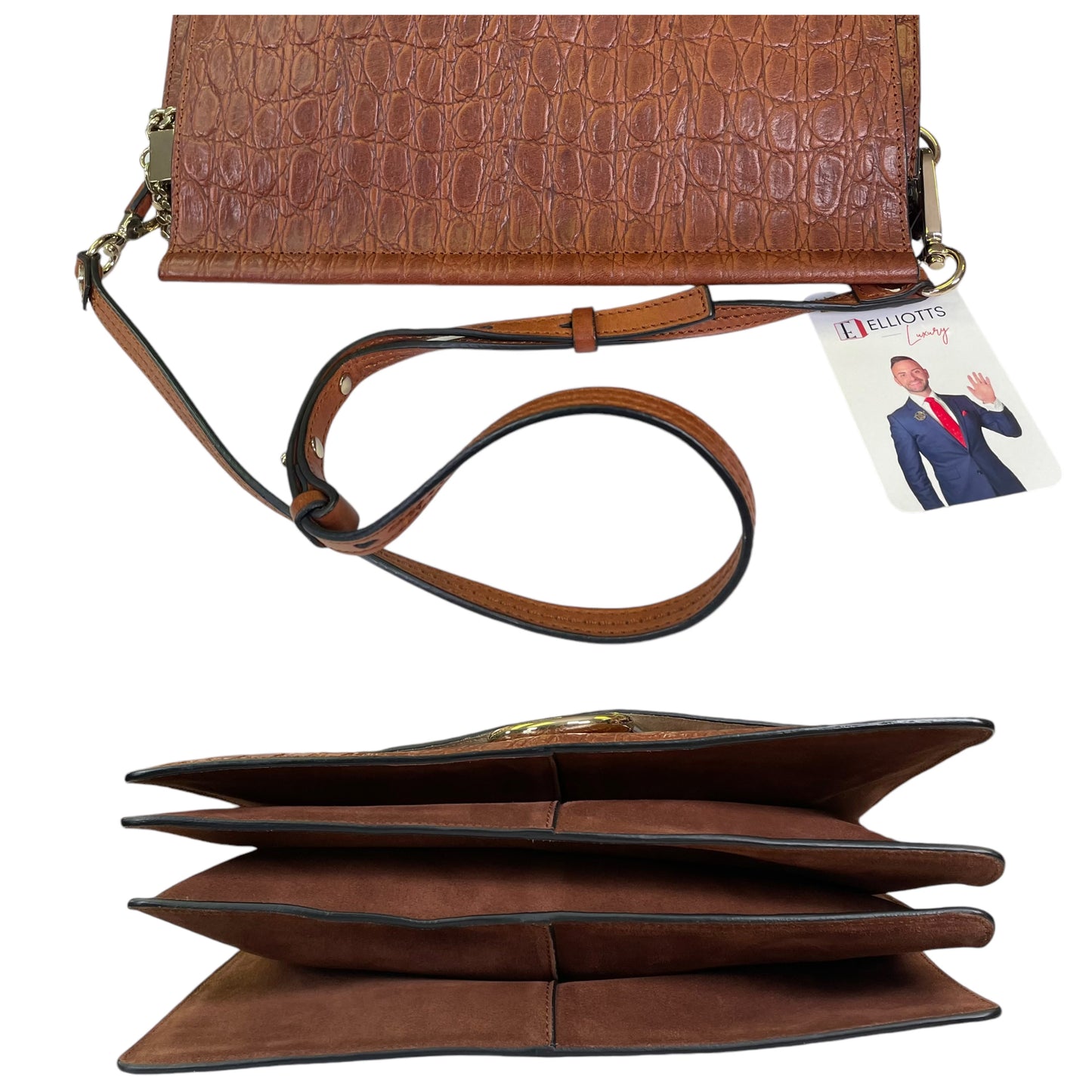 Chloe Faye Accordion Brown Croc Embossed Calfskin Two Way Flap Shoulder Purse