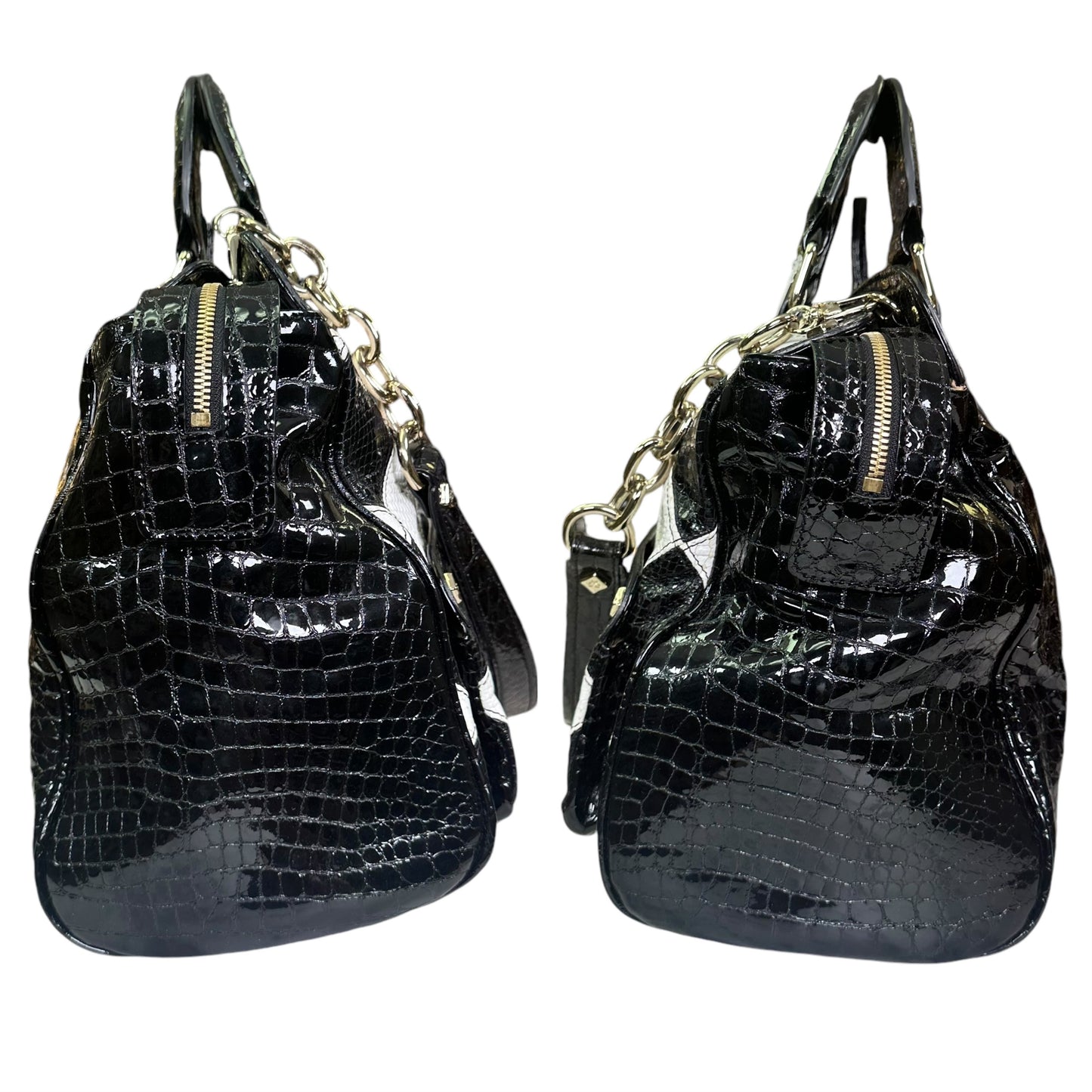 MCM Vinyl Black Checkered Python Croc Embossed Gold Zip Tote Shoulder Satchel