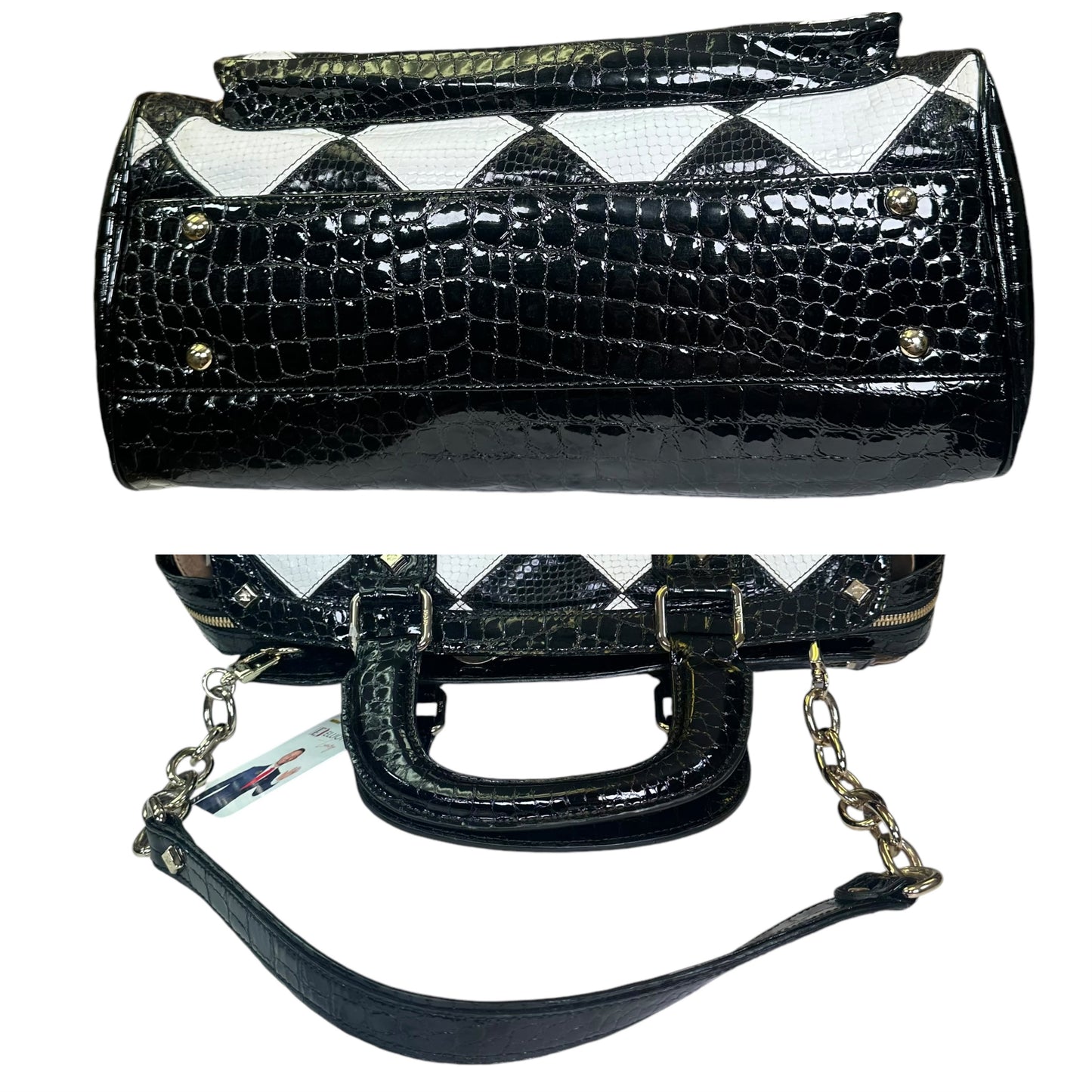 MCM Vinyl Black Checkered Python Croc Embossed Gold Zip Tote Shoulder Satchel