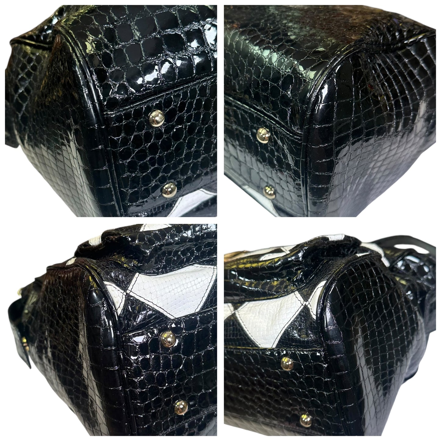 MCM Vinyl Black Checkered Python Croc Embossed Gold Zip Tote Shoulder Satchel
