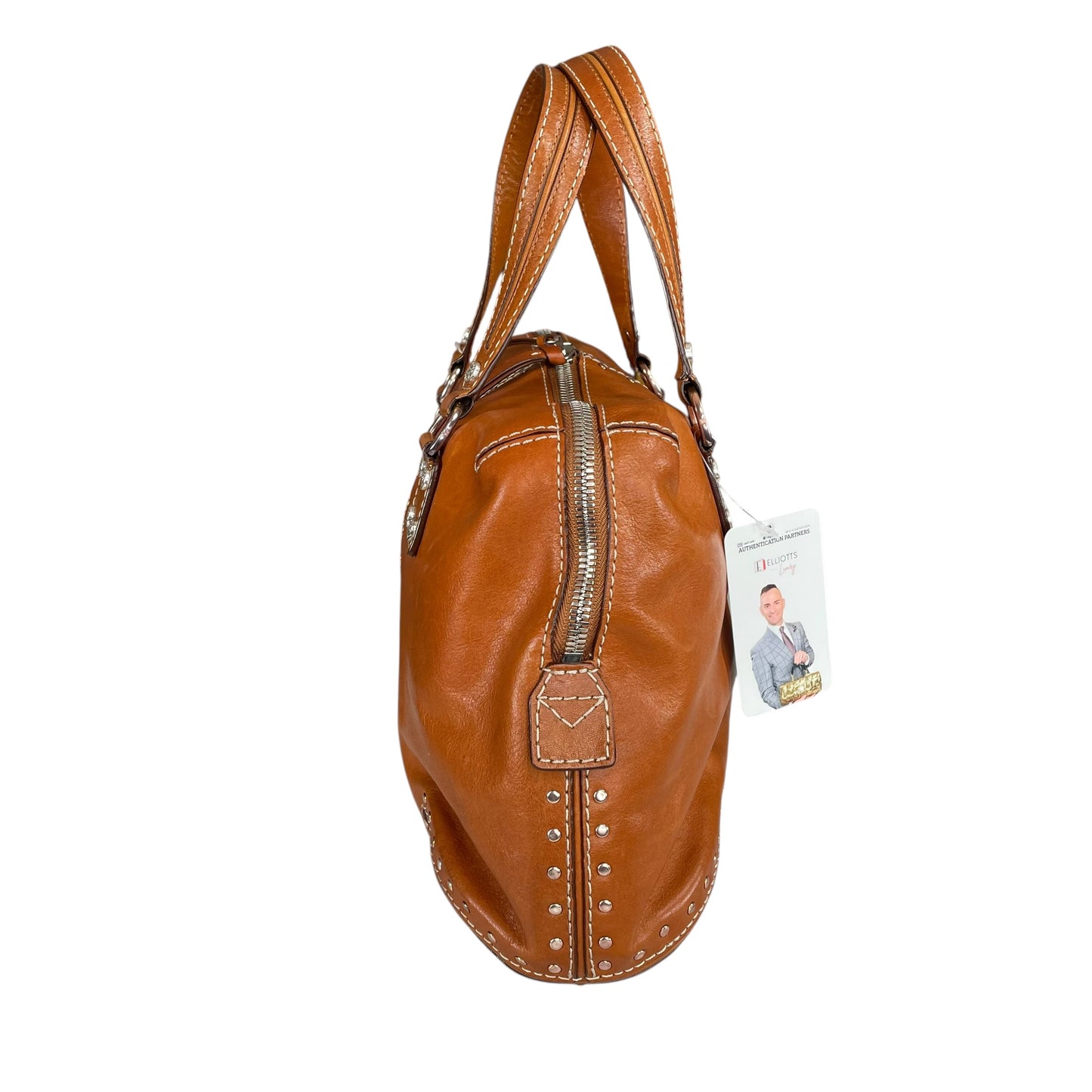 Michael Kors Astor Studded Equestrian SHW Distressed Tan Leather Satchel