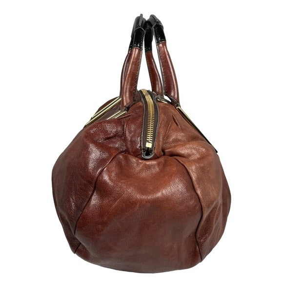 Chloe XL Ethel Two Tone Patent Leather Brown Black Zippy Oval Handbag Tote Purse