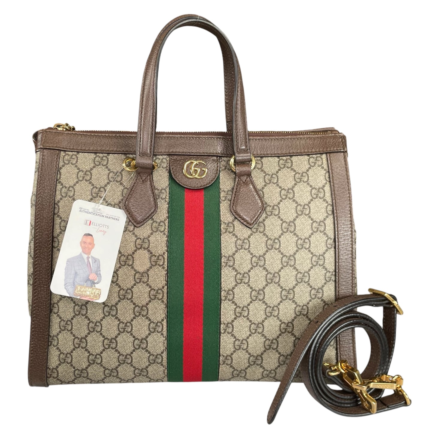 Gucci GG Ophidia GHW Leather Supreme Brown Canvas Crossbody Medium 2-Way Tote