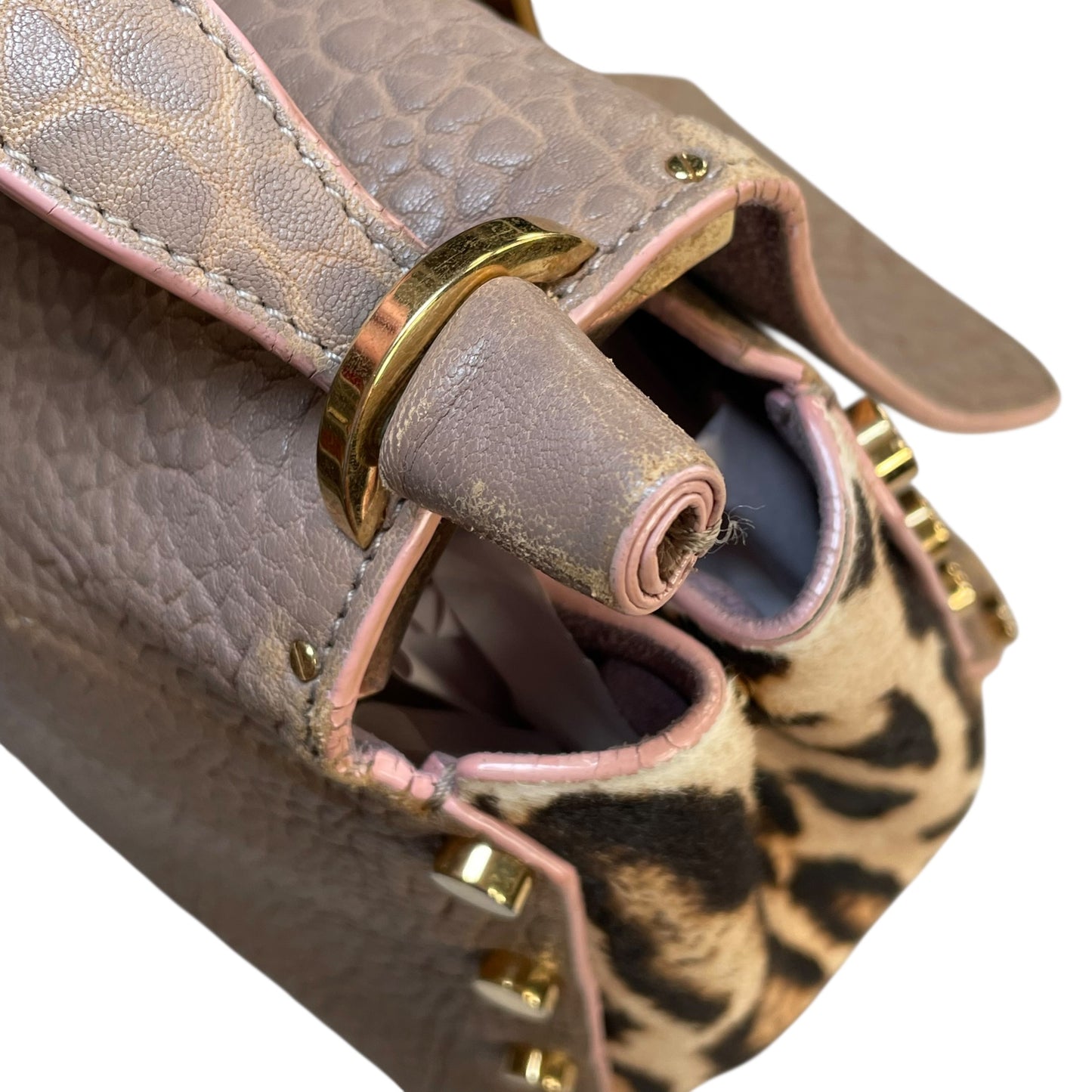 Jimmy Choo Lockett Two Way Bag Leopard Pony Hair Taupe Leather Gold HW Satchel