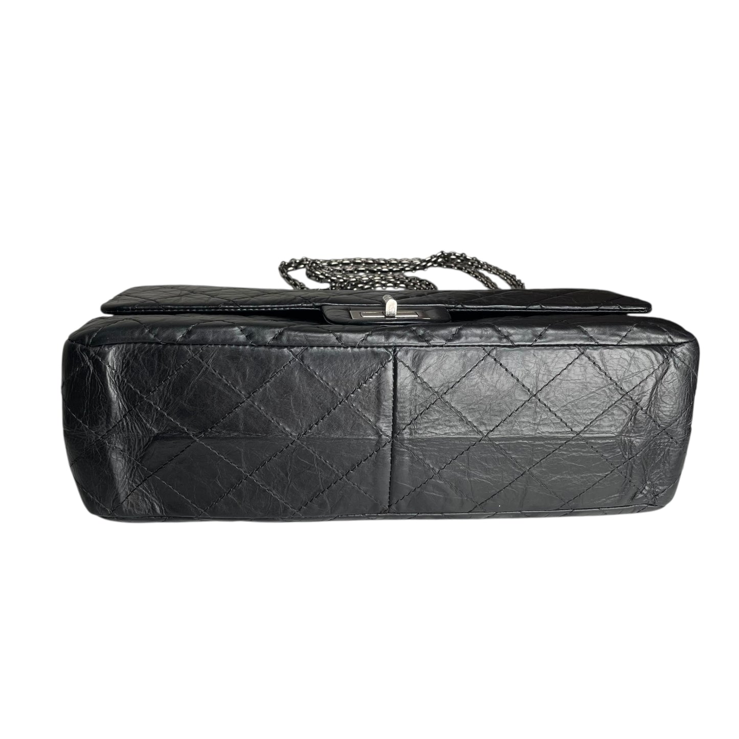 Chanel CC 255 Re-Issue Large Black Aged Calf Gunmetal Hardware Double Flap Purse
