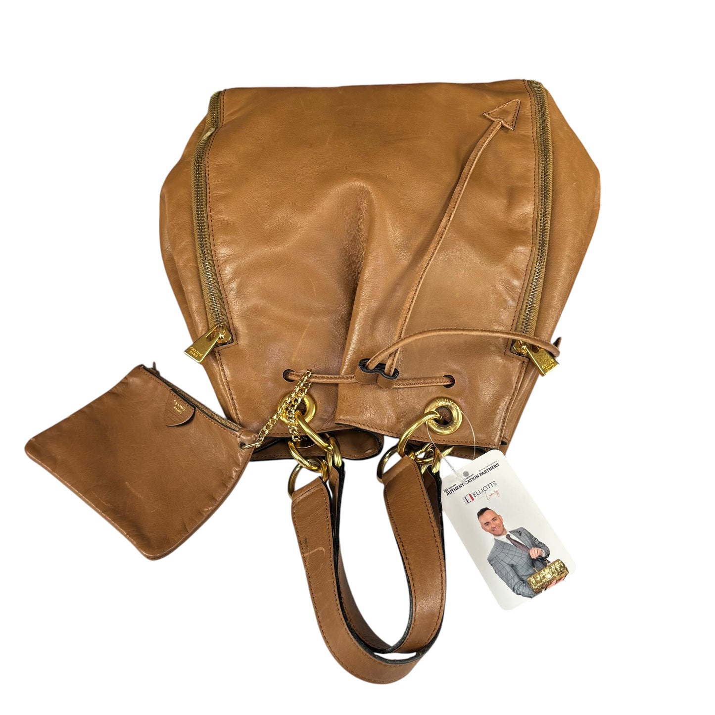 Celine Gold Brown Leather GHW Pouch Drawstring Bucket Hobo Bag