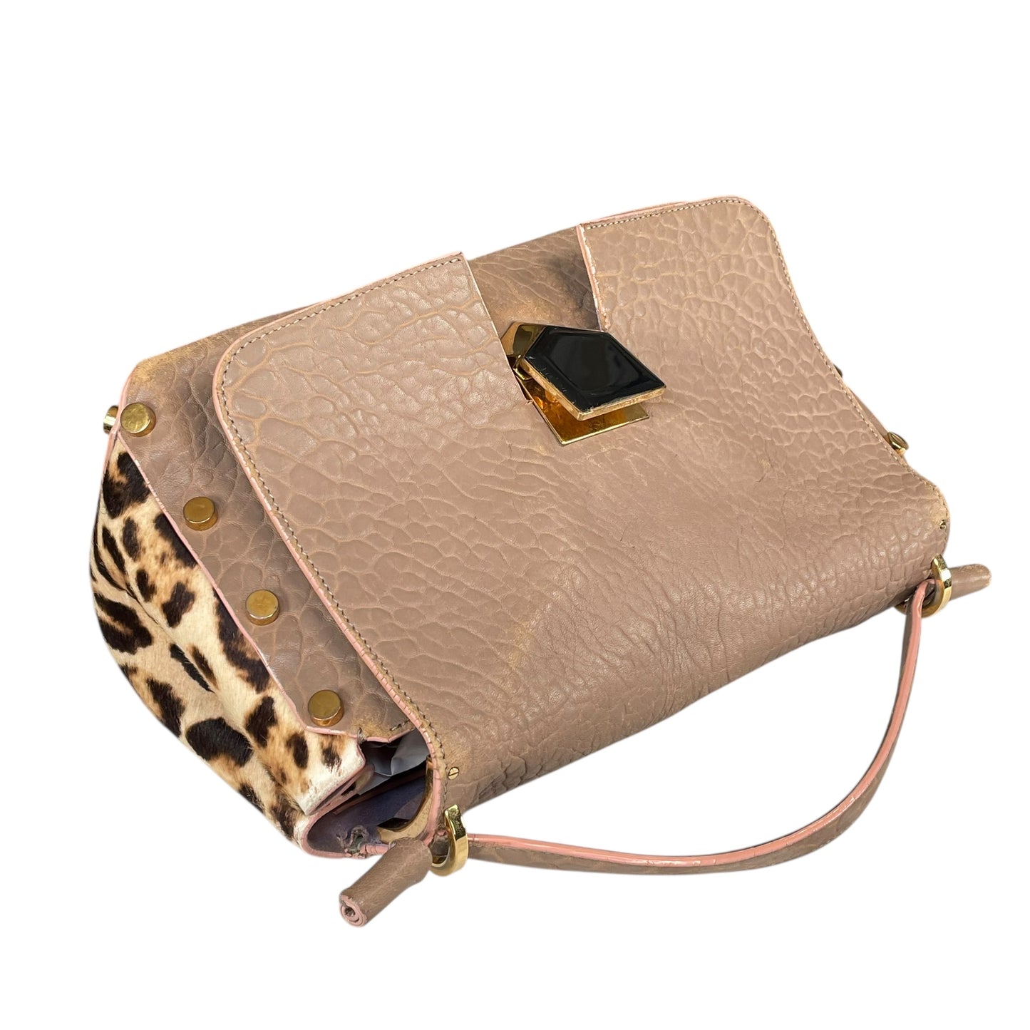 Jimmy Choo Lockett Two Way Bag Leopard Pony Hair Taupe Leather Gold HW Satchel