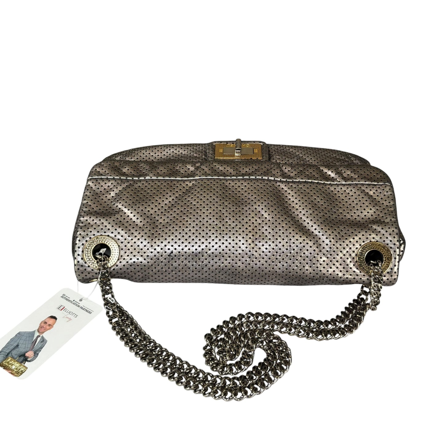 Chanel 2.55 Drill Flap Pewter Metallic Lambskin Leather GHW Med Shoulder Purse