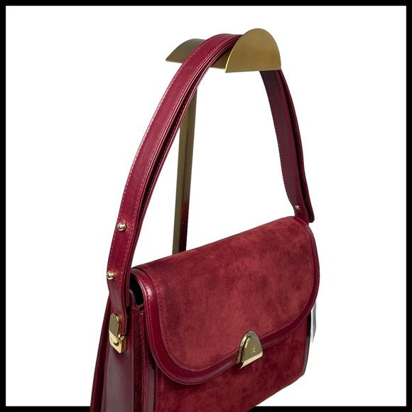 Bally Hand Bag Bordeaux Suede Leather Flap Top Handle Bag Shoulder Purse
