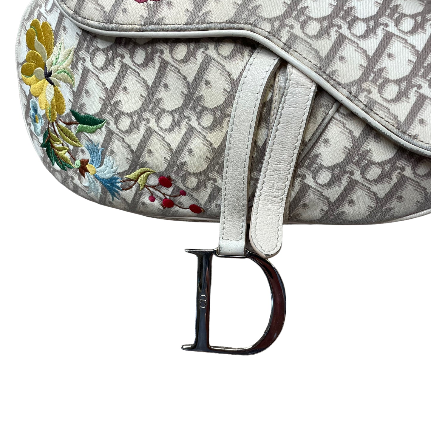 Christian Dior Saddle Oblique Bag Floral Embroidered Ivory Canvas Silver Hardware Purse