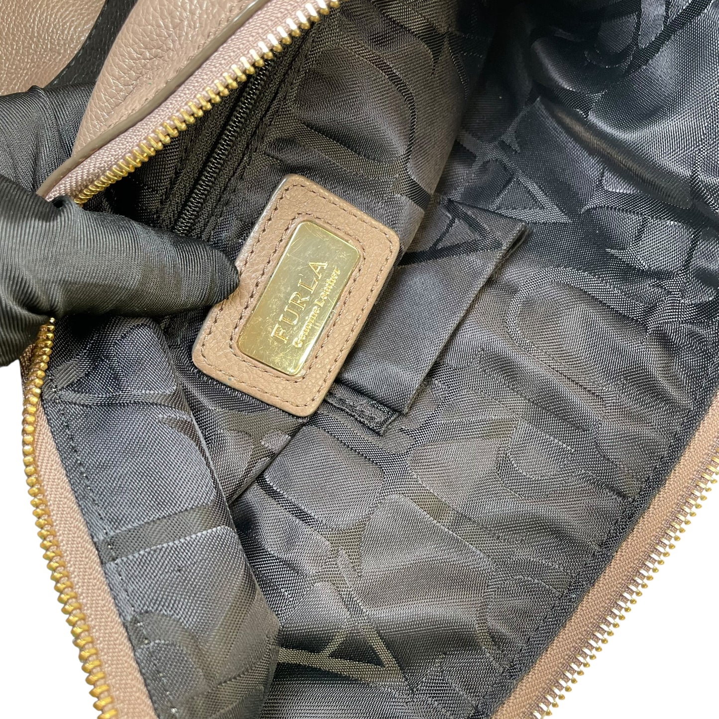 Furla Metropolis Two-Tone GHW Leather Taupe Black 2-Way Shoulder Hobo Purse