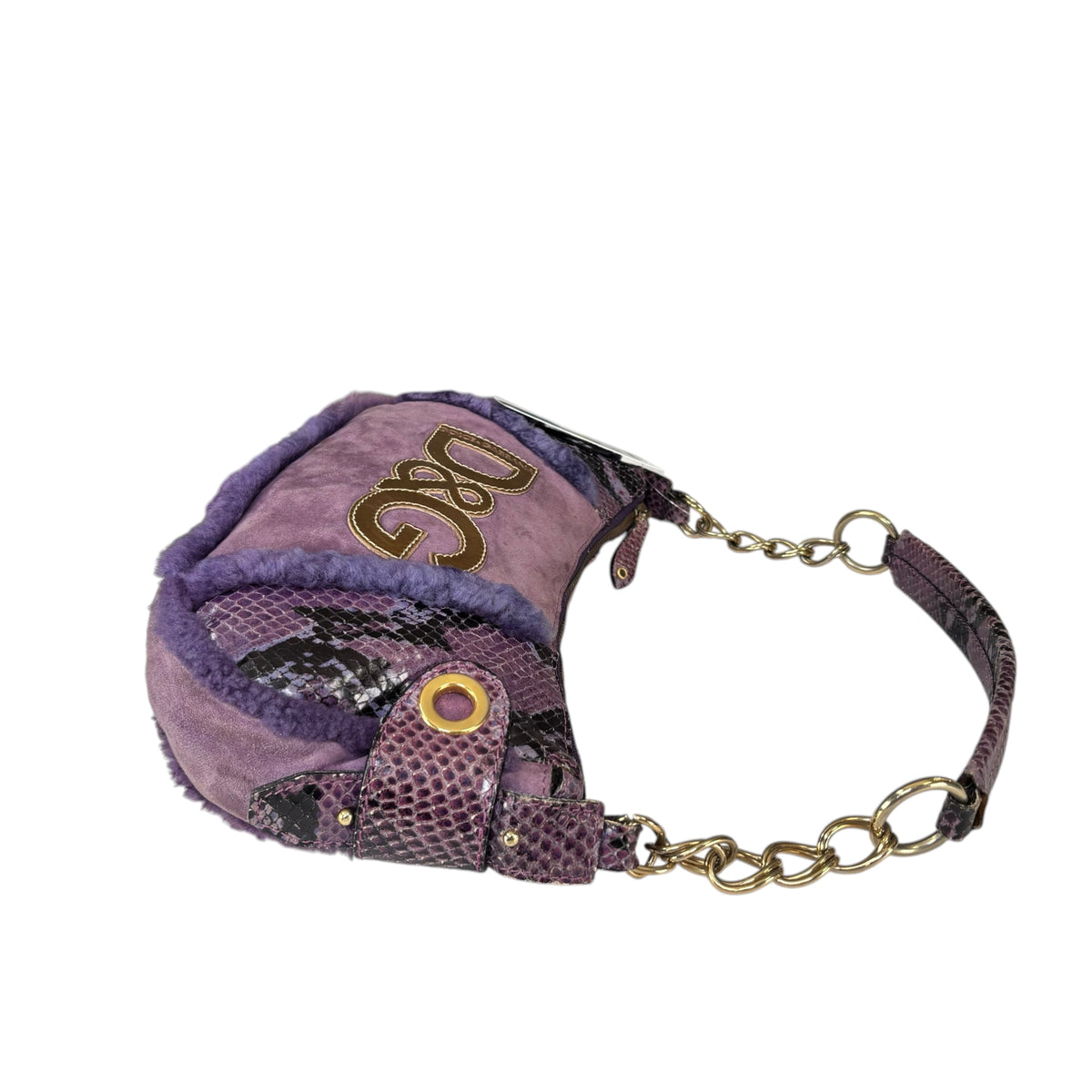 Dolce & Gabbana Y2K Purple Shearling Python Embossed Shoulder Purse