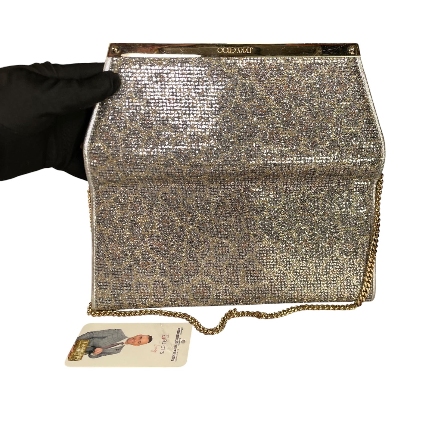 Jimmy Choo Margot Metallic Glitter Silver Leather GHW Chain Clutch