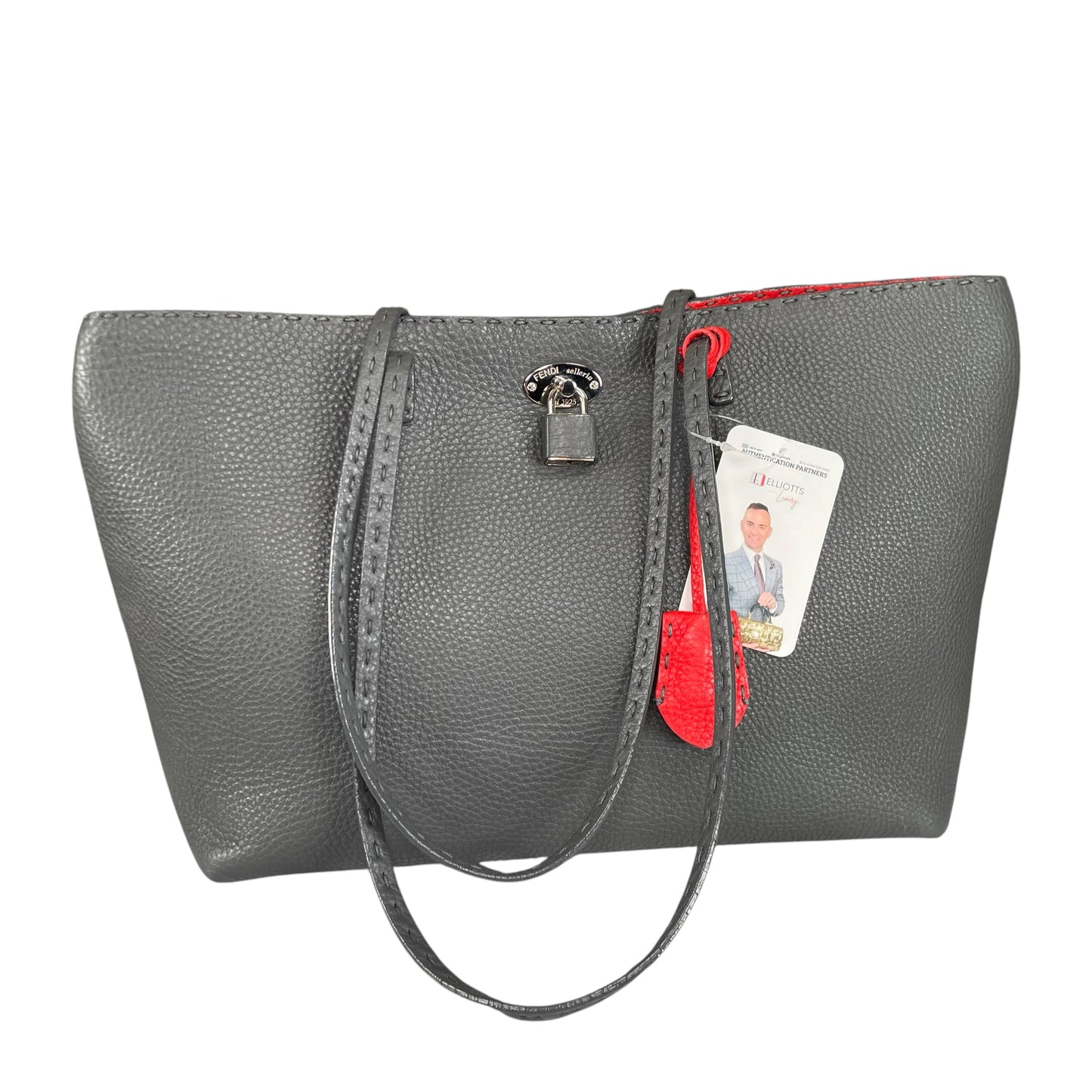 Fendi Selleria Grey / Red Sterling Silver  Pebbled Leather Lock Medium Tote
