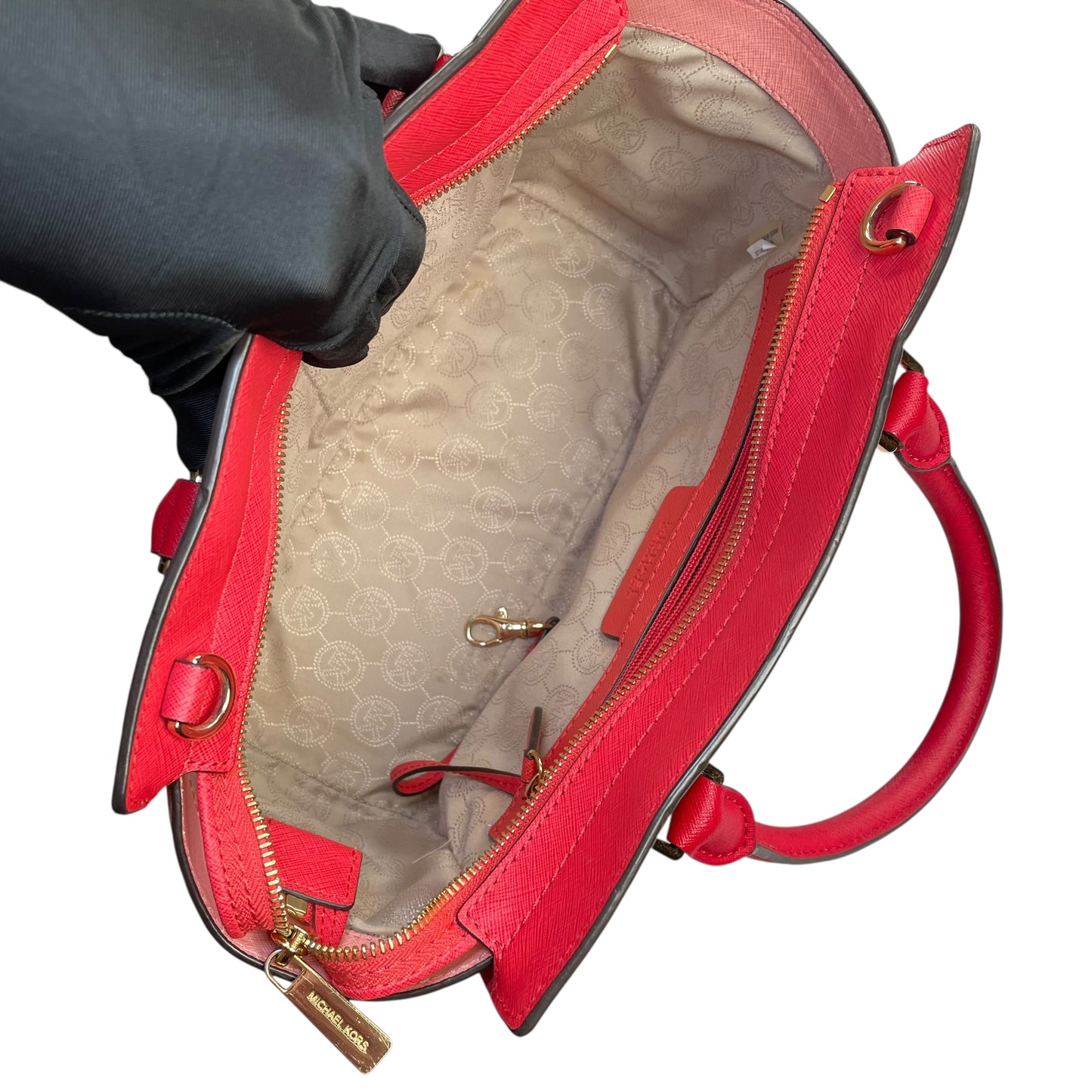 Michael Kors Selma Medium Satchel Pink Saffiano Leather Gold HW Crossbody Purse