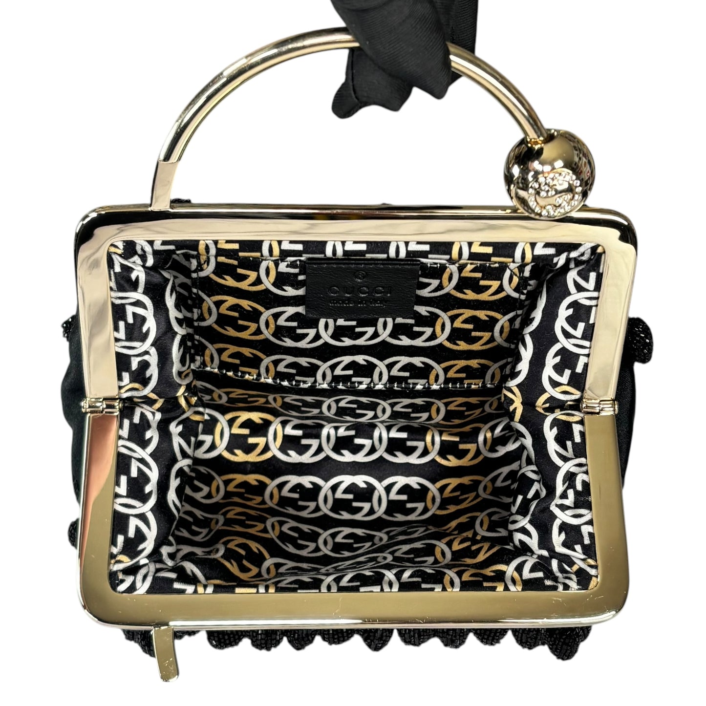 Gucci GG Y2K Mini GHW Black Satin Crystal Ball Kiss-Lock Beaded Clutch