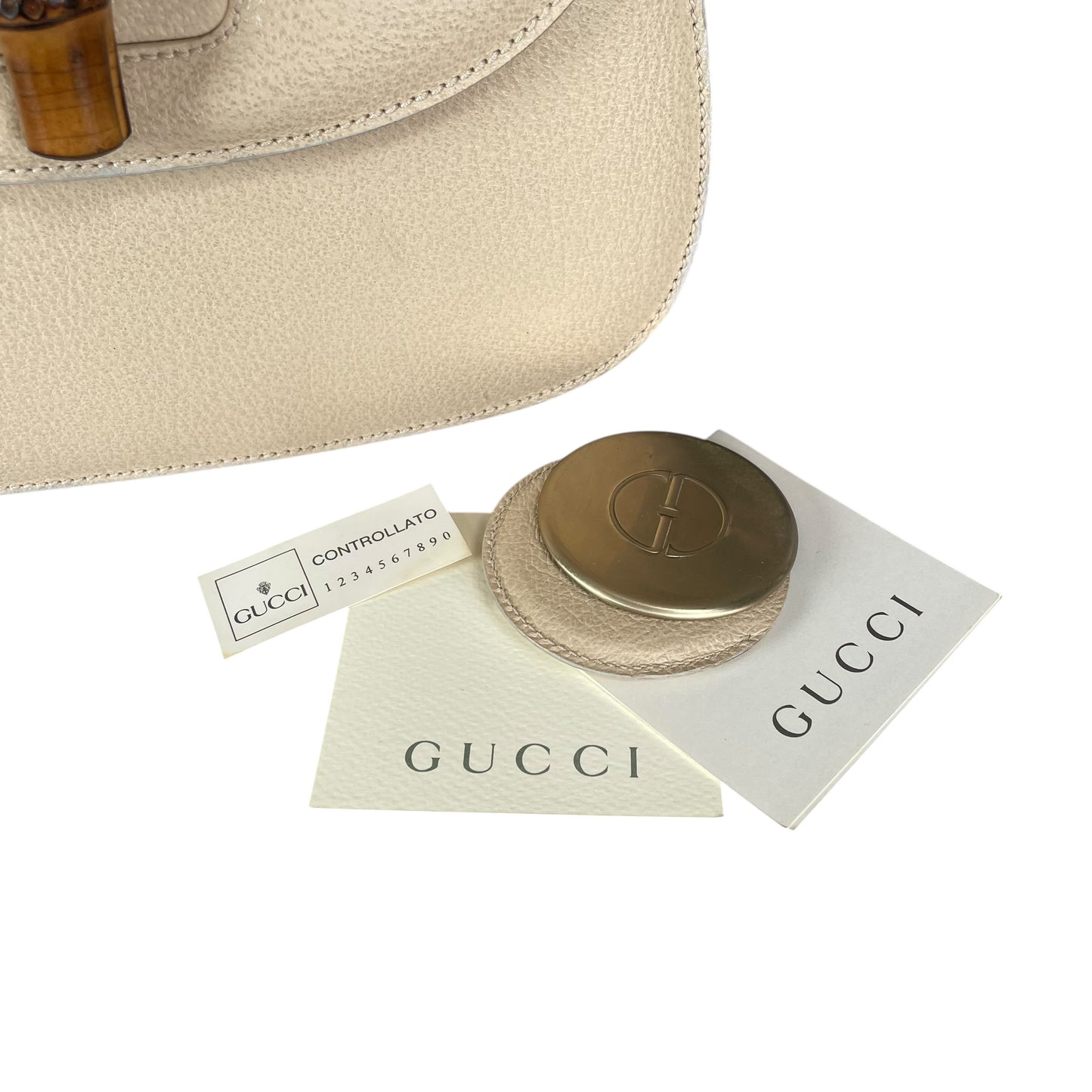 Gucci 1947 Bamboo Bone White Bamboo Turn-Lock Top Handle Flap Purse