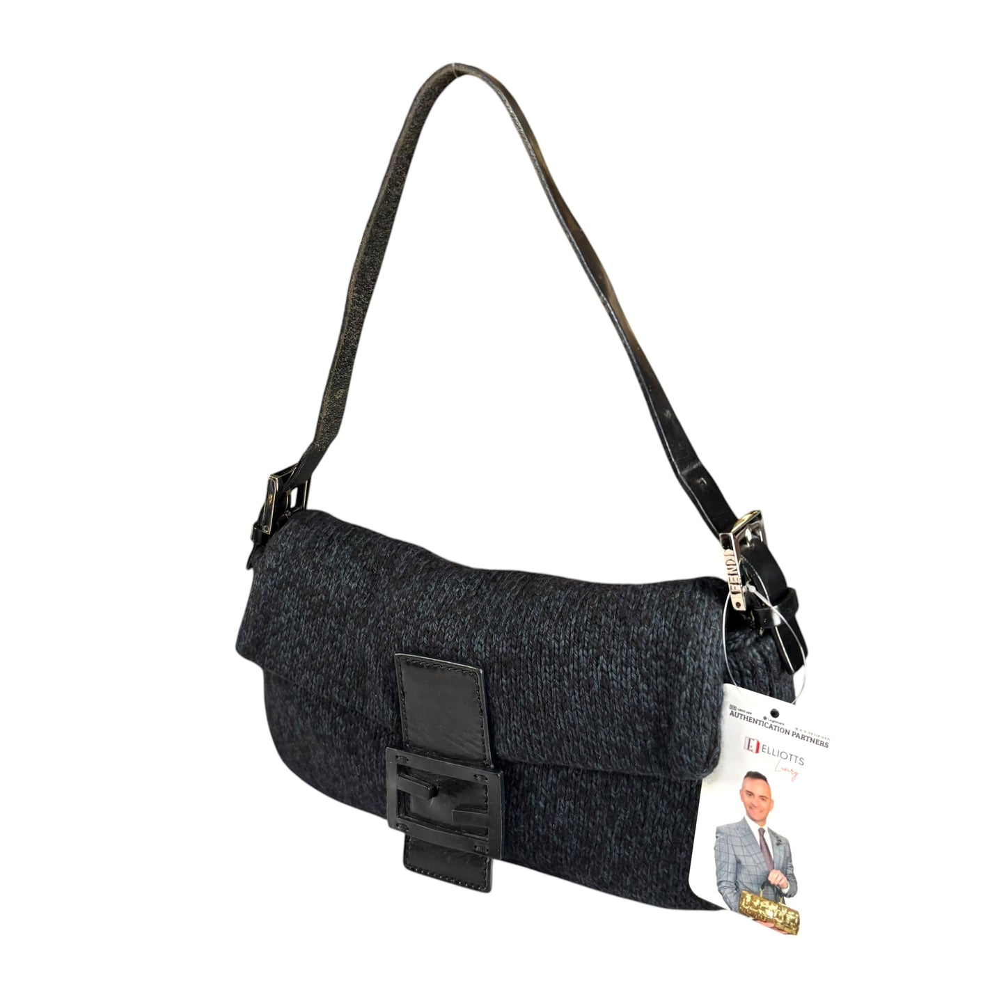 Fendi Baguette Classic Y2K Wool Cashmere Blue / Black SHW Knit Shoulder Purse