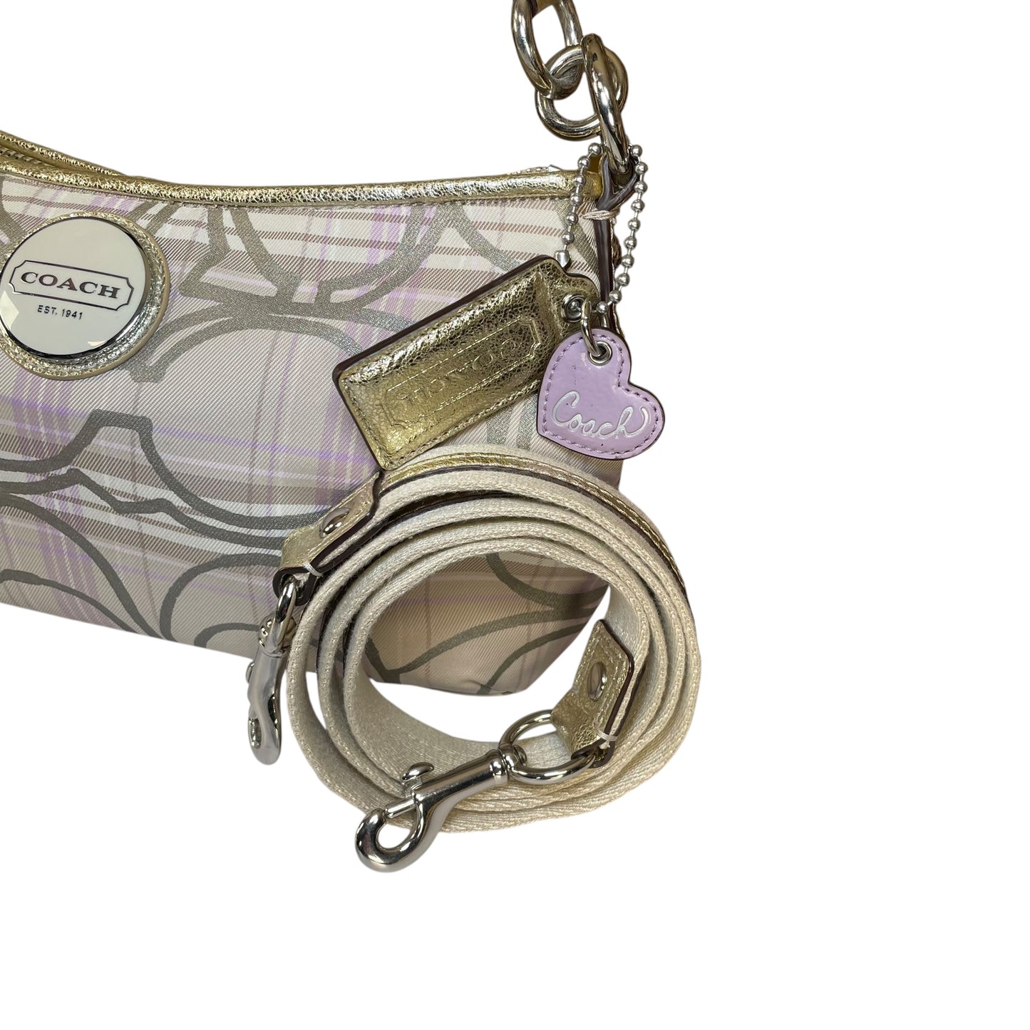 Coach Demi Tartan Plaid Nylon Bag Metallic Gray Gold Leather Shoulder Crossbody Y2K