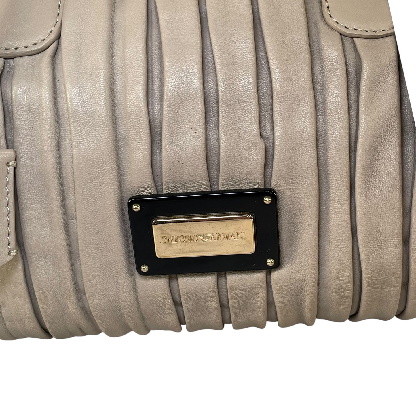 Emporio Armani Pleated GHW Leather Satchel Taupe Lock Key Crossbody Boston Bag