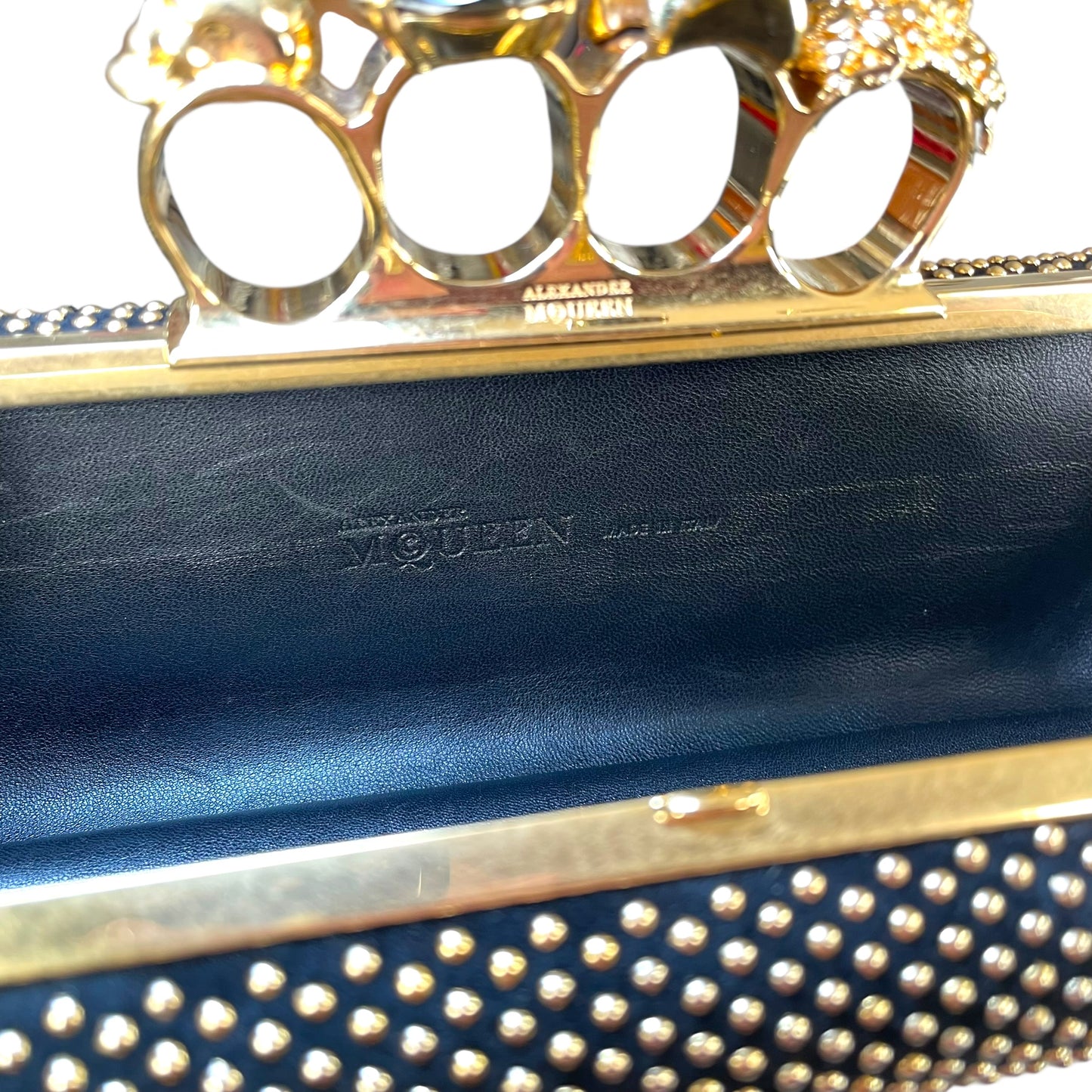 Alexander McQueen Crystal Studded Knuckle Clutch Skull Ring Blue Stone Bag