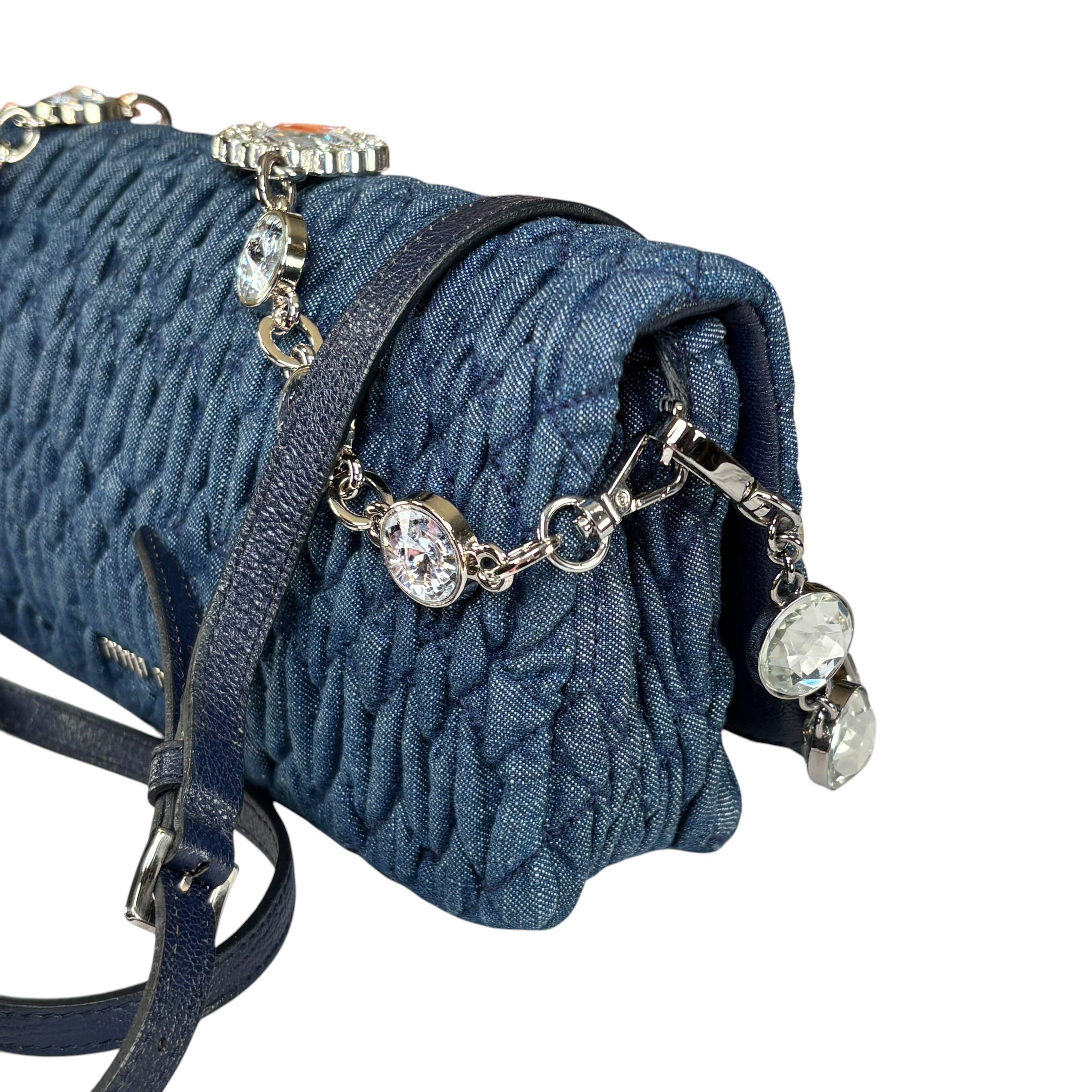 Miu Miu Crystal SHW Encrusted Denim 2-Way Crossbody Flap Turn-Lock