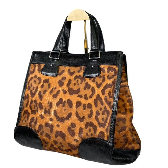 Celine Leather Satchel Trapezoid Black Pony Hair Cheetah Three File Large Tote